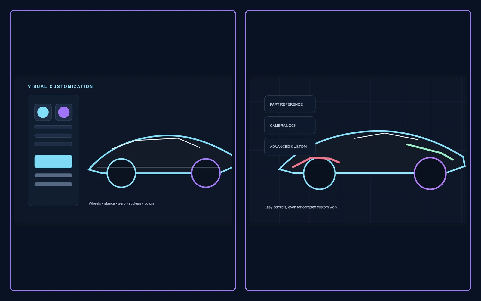 Custom Studio wheel, stance, parts and color controls
